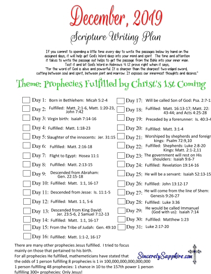 Click here for the pdf printable of December 2019's scripture writing plan