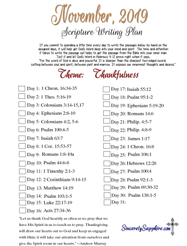 November 2019 Scripture Writing Plan -Thankfulness | Sincerely, Sapphire