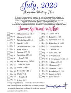July 2020 Scripture Writing Plan -Spiritual Warfare | Sincerely, Sapphire