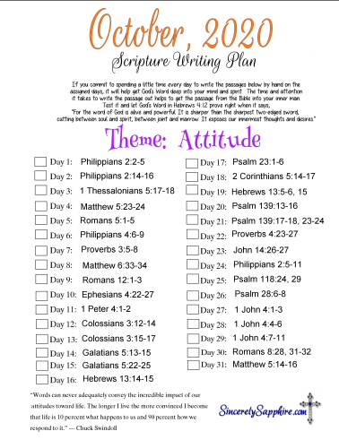 October 2020 Scripture Writing Plan -Attitude | Sincerely, Sapphire